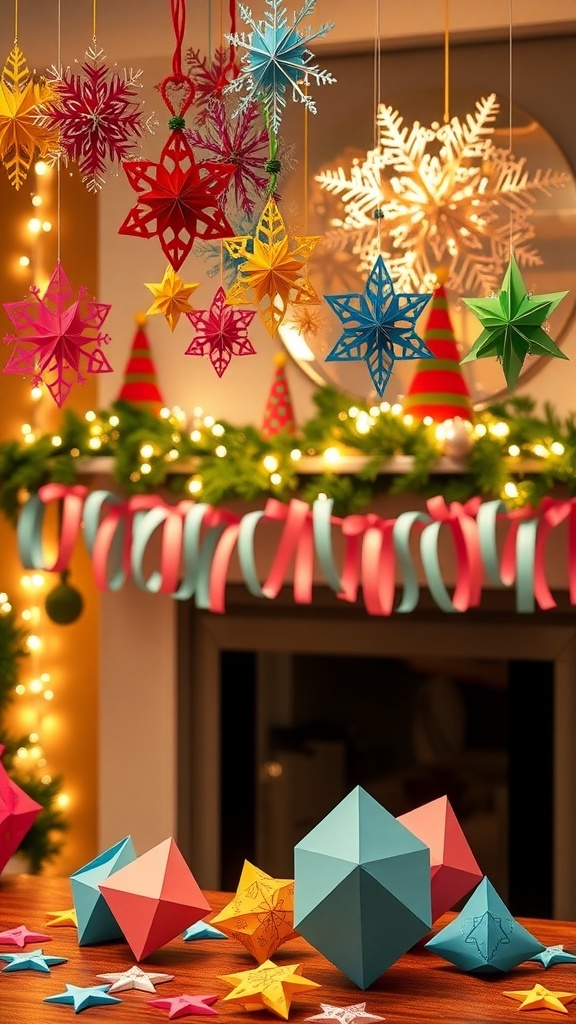 A collection of DIY paper Christmas decorations including snowflakes, garlands, and origami stars in a cozy holiday setting.